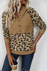 Light French Beige Leopard Print Patchwork Raglan Sleeve Half Buttons Hoodie Sweatshirts & Hoodies JT's Designer Fashion