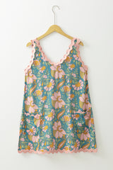 Sky Blue Floral Ricrac Trim V Neck Shift Mini Tank Dress Mini Dresses JT's Designer Fashion