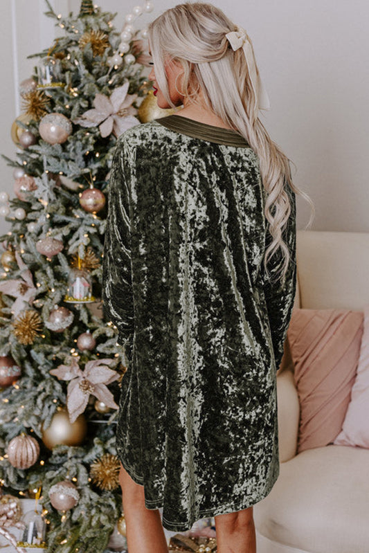 Jungle Green Velvet Long Sleeve V Neck Loose Dress with Pockets Mini Dresses JT's Designer Fashion