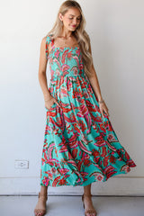 Green Abstract Print Smocked Bodice Knotted Straps Ruffled Long Dress Maxi Dresses JT's Designer Fashion