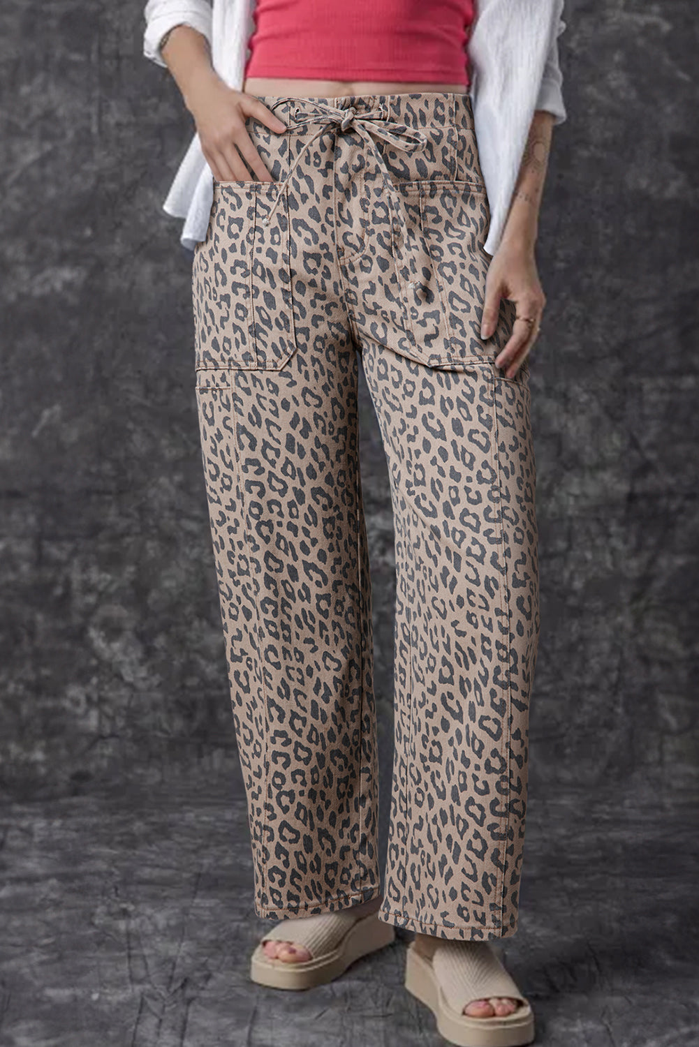 Khaki Leopard Printed Drawstring Elastic Waistband Pocketed Wide Leg Jeans Khaki 65%Cotton+33%Polyester+2%Elastane Jeans JT's Designer Fashion