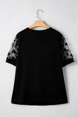 Black Floral Mesh Patchwork Loose V Neck Plus Size T Shirt Plus Size Tops & Tees JT's Designer Fashion