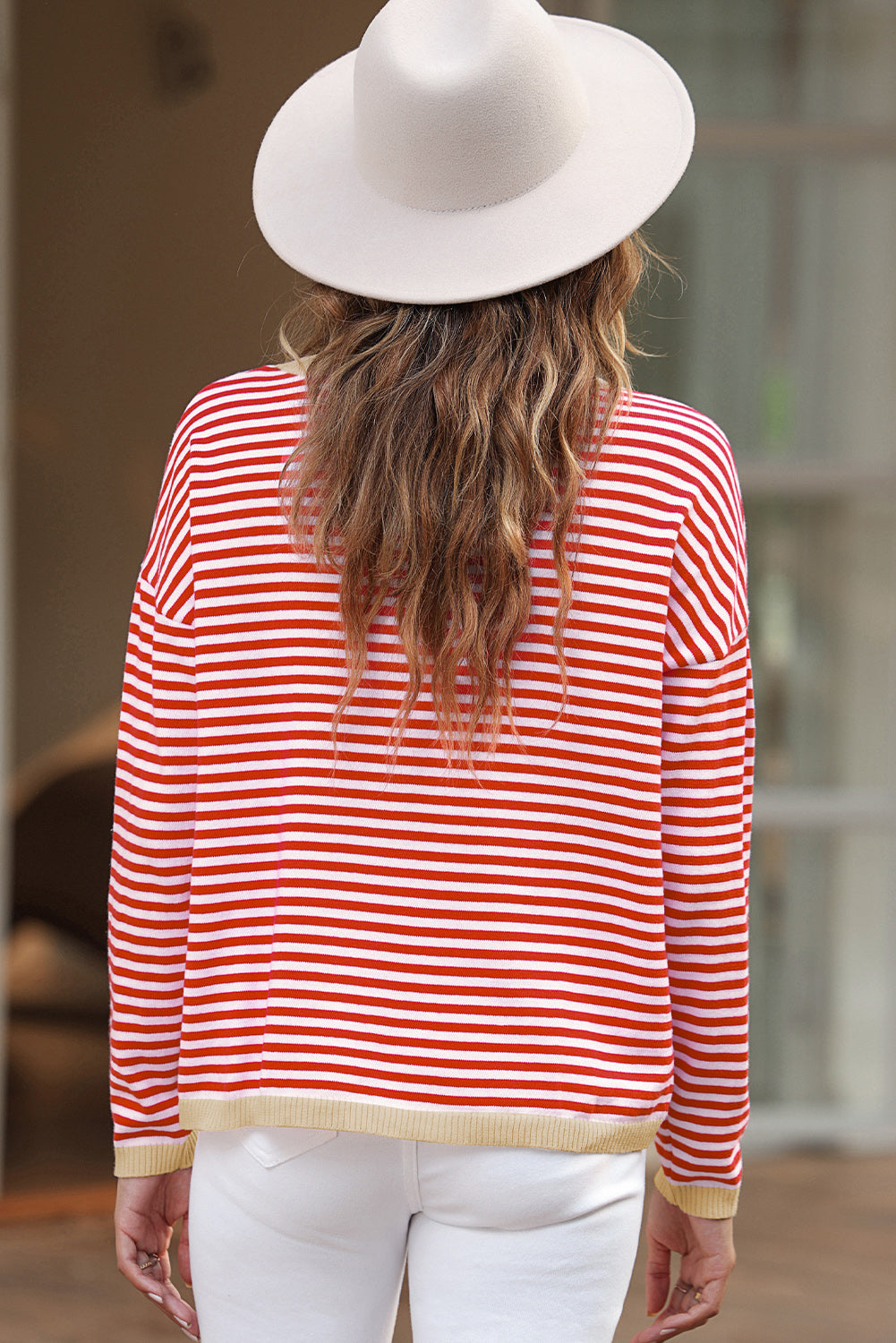 Fiery Red Contrast Trimmed Striped Drop Shoulder Sweater Sweaters JT's Designer Fashion
