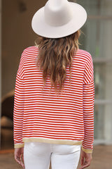 Fiery Red Contrast Trimmed Striped Drop Shoulder Sweater Sweaters JT's Designer Fashion