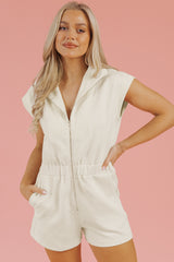 Jet Stream Textured Zipped Front V Neck Collared Casual Romper Jumpsuits & Rompers JT's Designer Fashion
