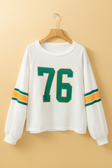 White Number 76 Printed Retro Sporty Long Sleeve Top Long Sleeve Tops JT's Designer Fashion