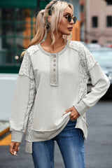 Gray Leopard Patchwork Exposed Seam Buttoned Neck Sweatshirt Sweatshirts & Hoodies JT's Designer Fashion
