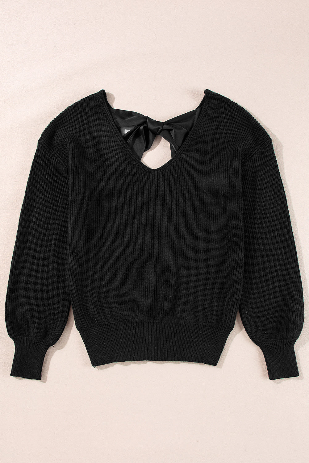 Black Lantern Sleeve V Neck Knot Back Sweater Sweaters JT's Designer Fashion