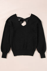 Black Lantern Sleeve V Neck Knot Back Sweater Sweaters JT's Designer Fashion