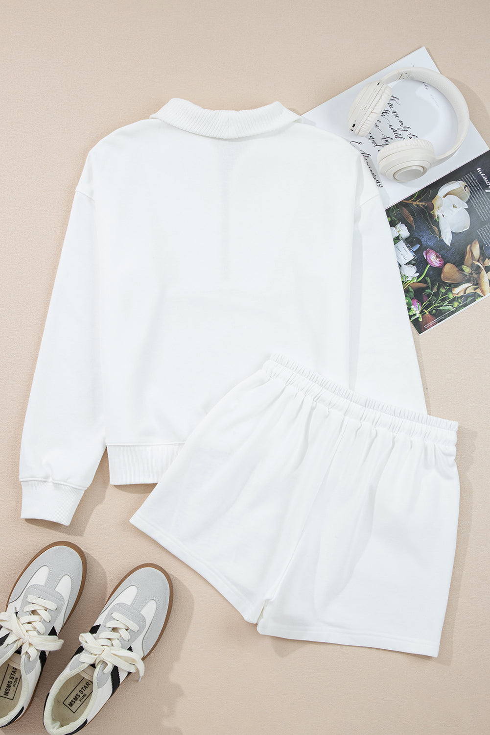 White Ribbed Collar Drop Shoulder Sweatshirt and Shorts Set Short Sets JT's Designer Fashion