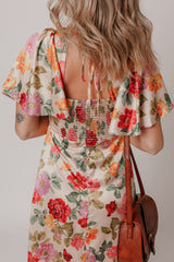 Multicolour Vintage Floral V Neck Short Sleeve Tie Back Long Slit Dress Floral Dresses JT's Designer Fashion