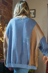Sky Blue Ribbed Detail Color Block Sleeve Baggy Sweatshirt Sweatshirts & Hoodies JT's Designer Fashion