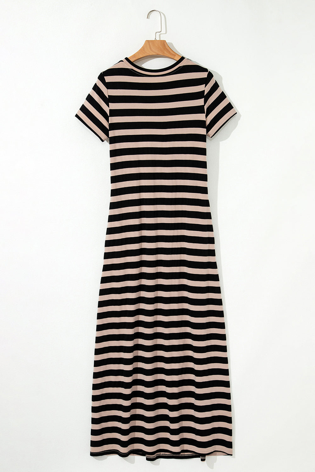 Black Stripe Casual Round Neck T-shirt Maxi Dress with Pockets T Shirt Dresses JT's Designer Fashion