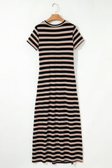 Black Stripe Casual Round Neck T-shirt Maxi Dress with Pockets T Shirt Dresses JT's Designer Fashion