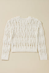 White Cut Out Crochet Crew Neck Loose Fit Sweater Sweaters JT's Designer Fashion