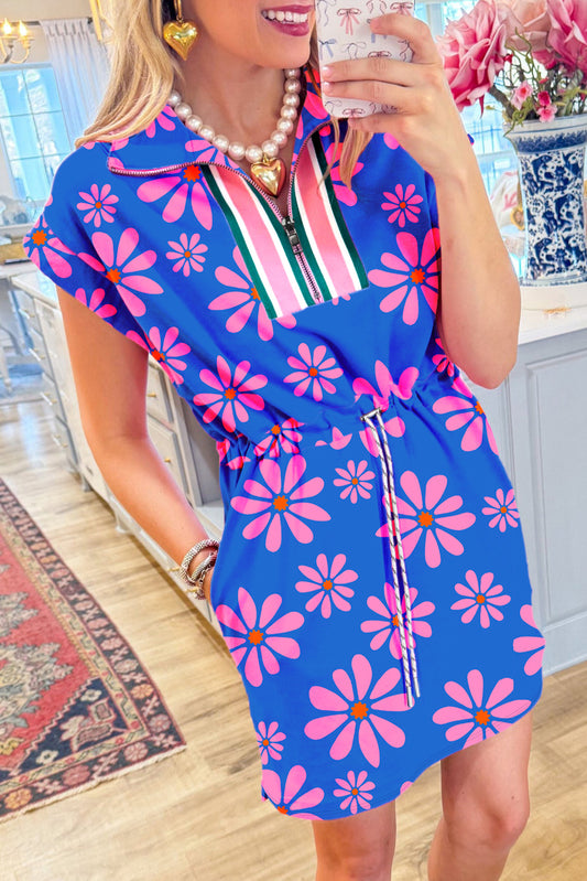 Purple Floral Striped Quarter Zip Cap Sleeve Drawstring Waist Mini Dress Floral Dresses JT's Designer Fashion