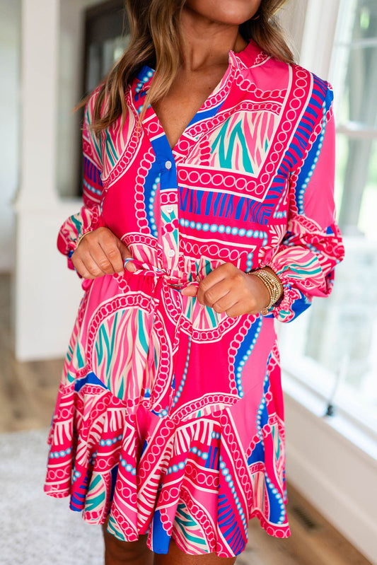 Rose Boho Abstract Printed Puff Sleeve Drawstring Waist Ruffled Mini Dress Mini Dresses JT's Designer Fashion
