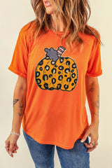 Orange Halloween Leopard Pumpkin Crew Neck Graphic Tee Graphic Tees JT's Designer Fashion