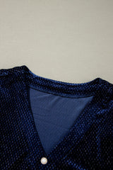 Navy Blue Plus Size Textured Velvet Tiered Button V Neck Dress Plus Size Mini Dresses JT's Designer Fashion