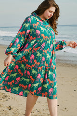 Green Horse Printed Long Sleeve Collared Buttoned Plus Size Midi Dress Plus Size Midi Dresses JT's Designer Fashion