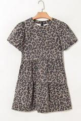 Brown Denim Leopard Printed Short Puff Sleeve Mini Dress Mini Dresses JT's Designer Fashion