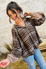 Brown Plaid Patchwork Long Sleeve Button Hooded Blouse Blouses & Shirts JT's Designer Fashion