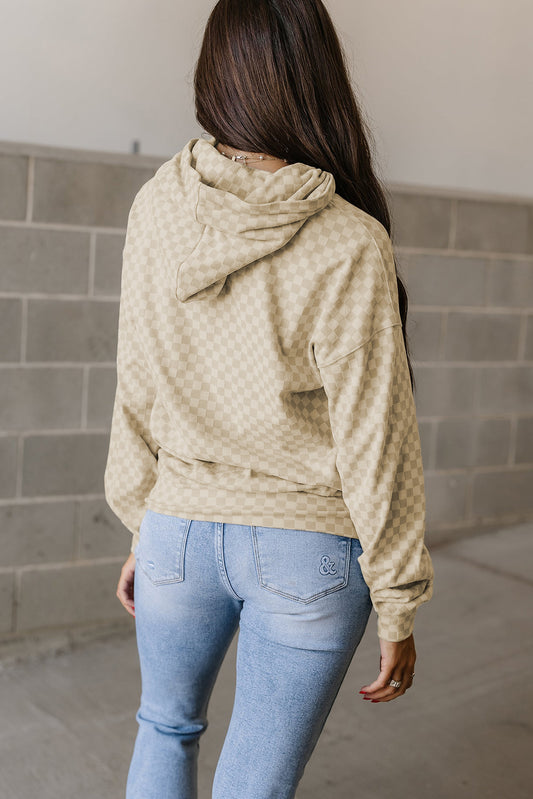 Khaki Checkered Print Kangaroo Pocket Drawstring Hoodie Sweatshirts & Hoodies JT's Designer Fashion