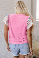 Bonbon Independence Celebration Bowknot Graphic Ruffled Sleeve Ribbed Summer Top Graphic Tees JT's Designer Fashion