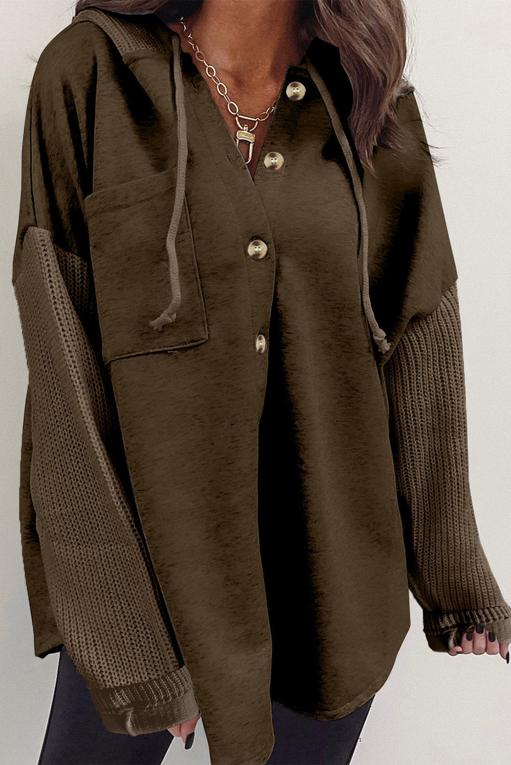 Dark Brown Button Up Contrast Knitted Sleeves Hooded Jacket Dark Brown 80%Polyester+20%Cotton Jackets JT's Designer Fashion