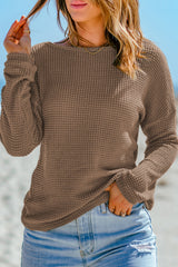 Dark Brown Waffle Knit Drop Shoulder Long Sleeve Top Long Sleeve Tops JT's Designer Fashion