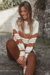 White Striped Knit Puff Sleeve Casual Sweater Sweaters JT's Designer Fashion