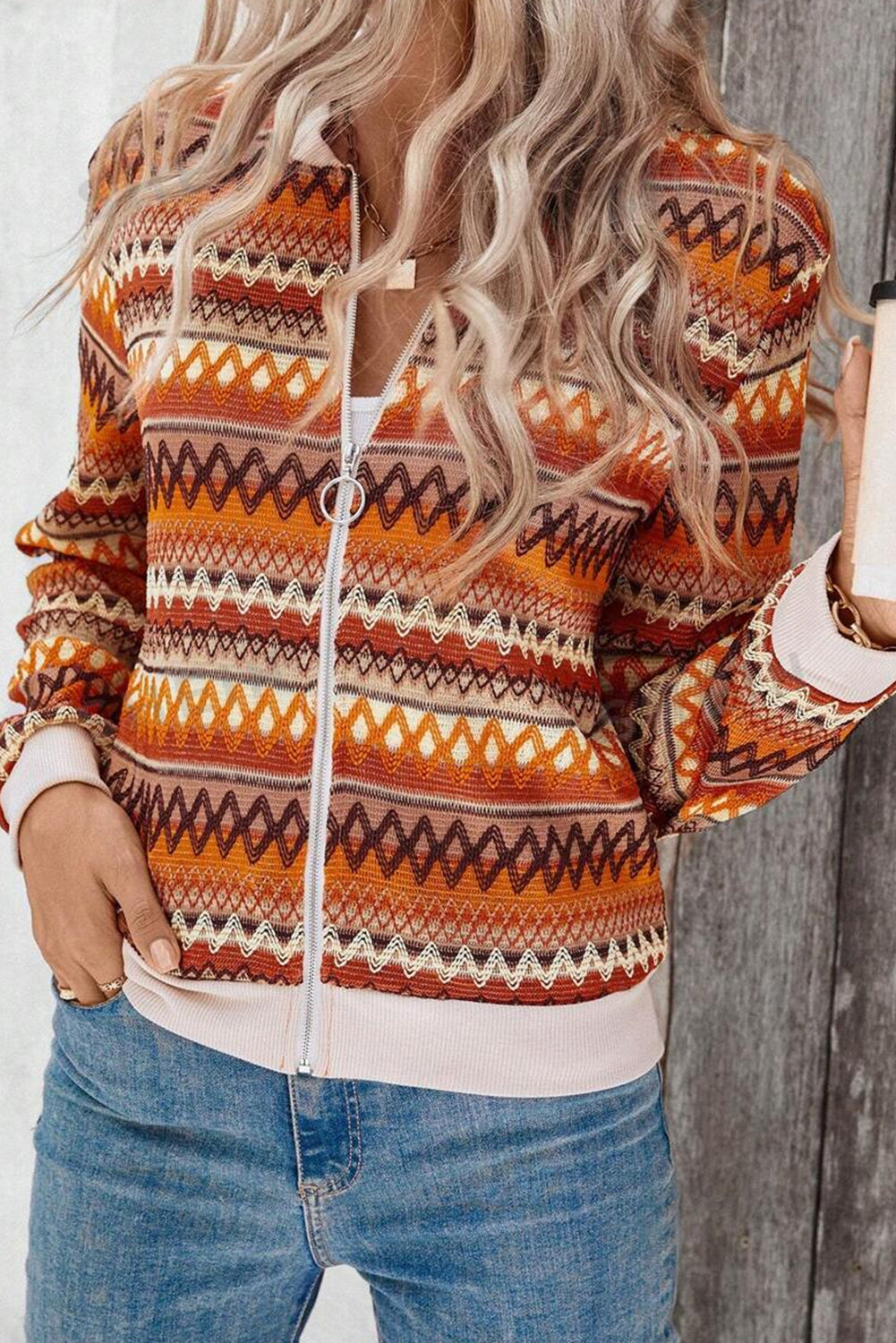 Orange Boho Striped Zip Up Long Sleeve Jacket Orange 95%Polyester+5%Elastane Jackets JT's Designer Fashion