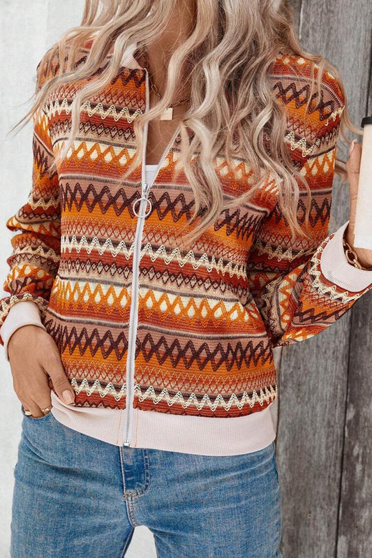 Orange Boho Striped Zip Up Long Sleeve Jacket Orange 95%Polyester+5%Elastane Jackets JT's Designer Fashion