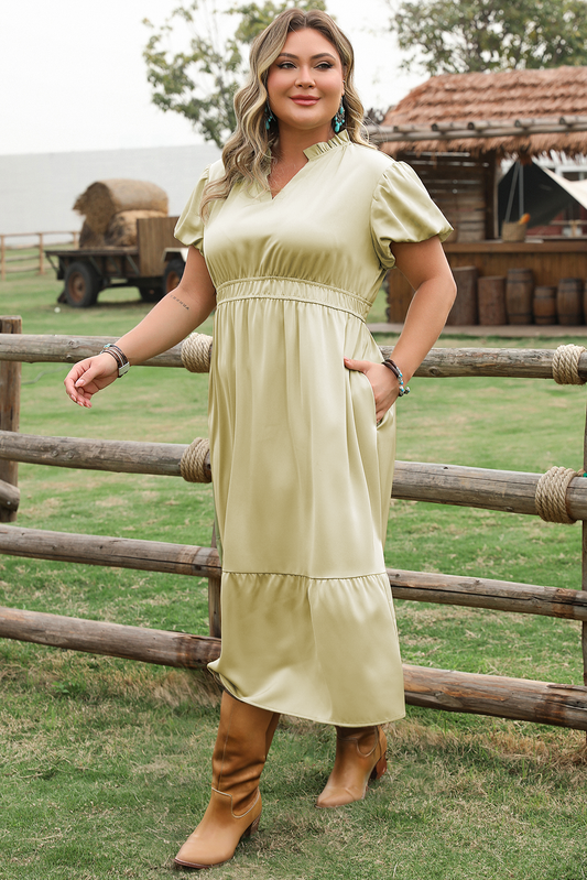 Laurel Green Notched V Neck Puff Sleeve Tiered Plus Size Maxi Dress Plus Size Maxi Dresses JT's Designer Fashion