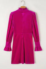 Rose Red Smocked Mock Neck Ruffled Puff Sleeve Velvet Mini Dress Mini Dresses JT's Designer Fashion