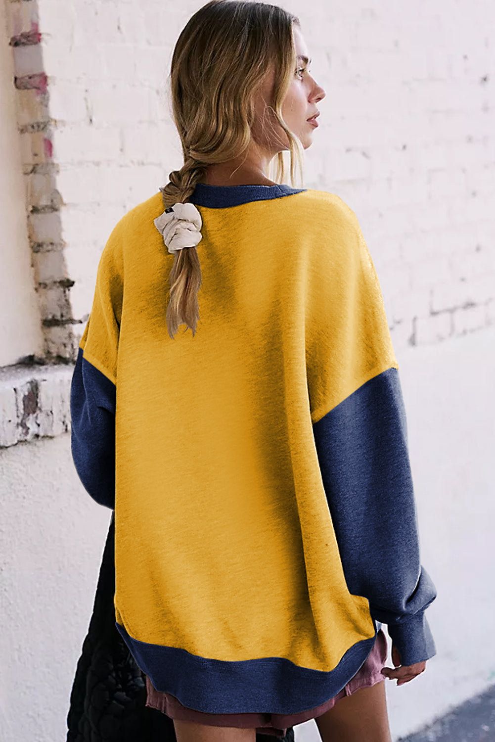 Yellow Color Block Thumbhole Sleeve Drop Shoulder Sweatshirt Sweatshirts & Hoodies JT's Designer Fashion