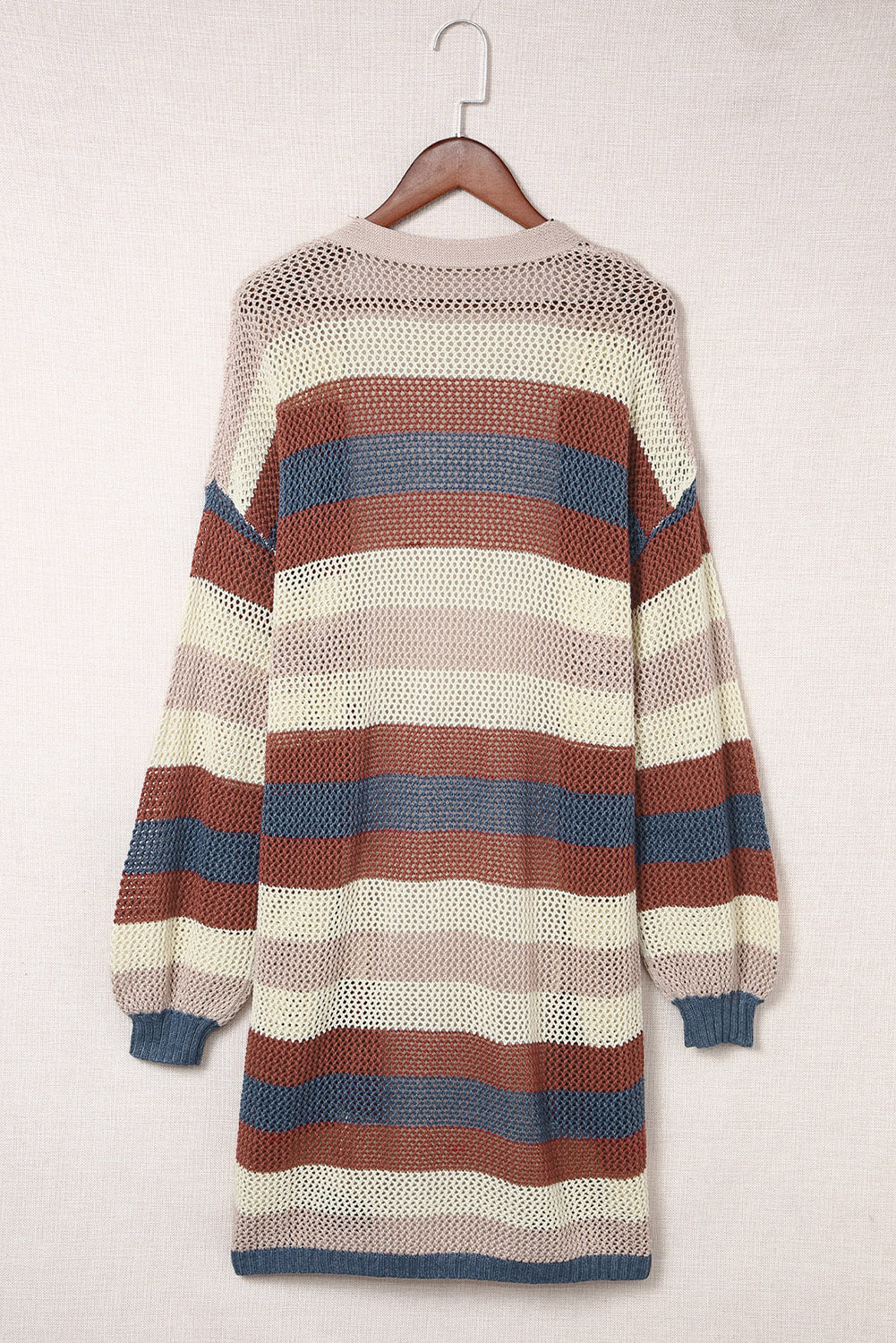 Blue Striped Color Block Hollowed Knit Cardigan Sweaters & Cardigans JT's Designer Fashion