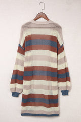 Blue Striped Color Block Hollowed Knit Cardigan Sweaters & Cardigans JT's Designer Fashion