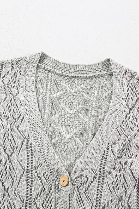 Gray Hollow Out Buttons Front Long Cardigan Cardigans JT's Designer Fashion