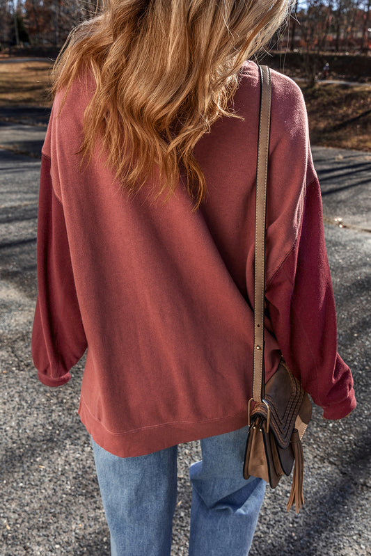 Mineral Red Two Tone Patchwork Drop Shoulder Pullover Sweatshirt Sweatshirts & Hoodies JT's Designer Fashion