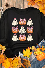 Black Halloween Bowknot Ghost Pumpkin Graphic Crewneck Sweatshirt Graphic Sweatshirts JT's Designer Fashion