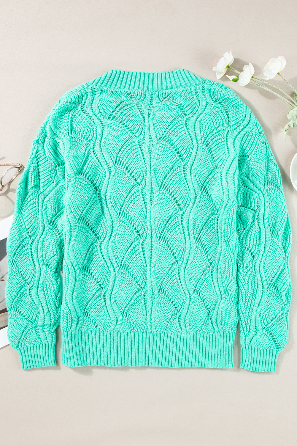 Mint Green Hollow Out Knit V Neck Drop Shoulder Sweater Sweaters JT's Designer Fashion