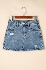 Dusk Blue Rhinestone Distressed Denim High Waist Mini Skirt Skirts & Petticoat JT's Designer Fashion