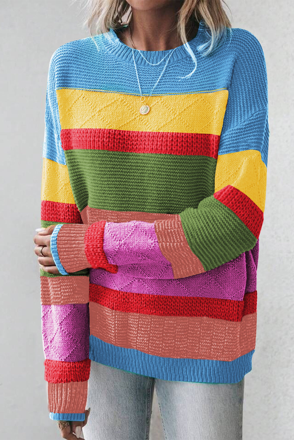 Light Blue Colorblock Mixed Textured Drop Shoulder Sweater Sweaters JT's Designer Fashion