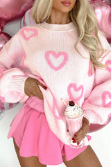 Pink Heart Shape Bubble Sleeve Baggy Sweater Sweaters JT's Designer Fashion