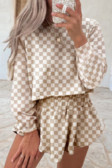 Khaki Checkered Long Sleeve Crop Top High Waist Skort 2pcs Set Short Sets JT's Designer Fashion