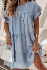 Beau Blue Ruffle Short Sleeve Tiered A-line Chambray Dress Bottoms JT's Designer Fashion