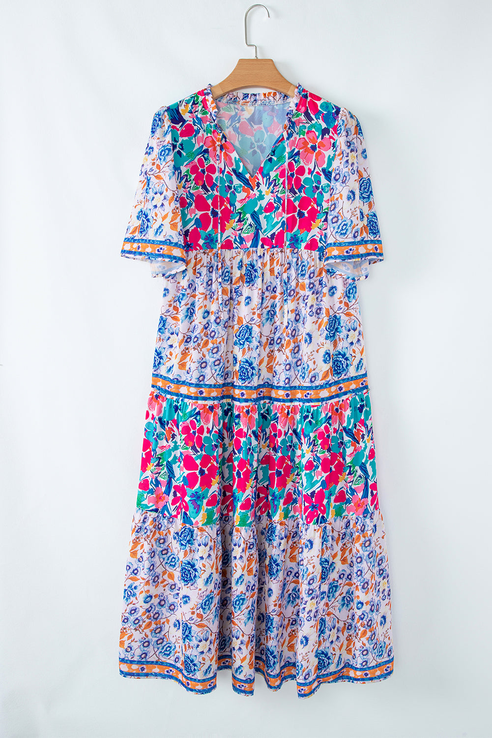 Sky Blue Mixed Floral Print Tie Split Neck Short Sleeve Dress Floral Dresses JT's Designer Fashion