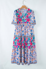 Sky Blue Mixed Floral Print Tie Split Neck Short Sleeve Dress Floral Dresses JT's Designer Fashion