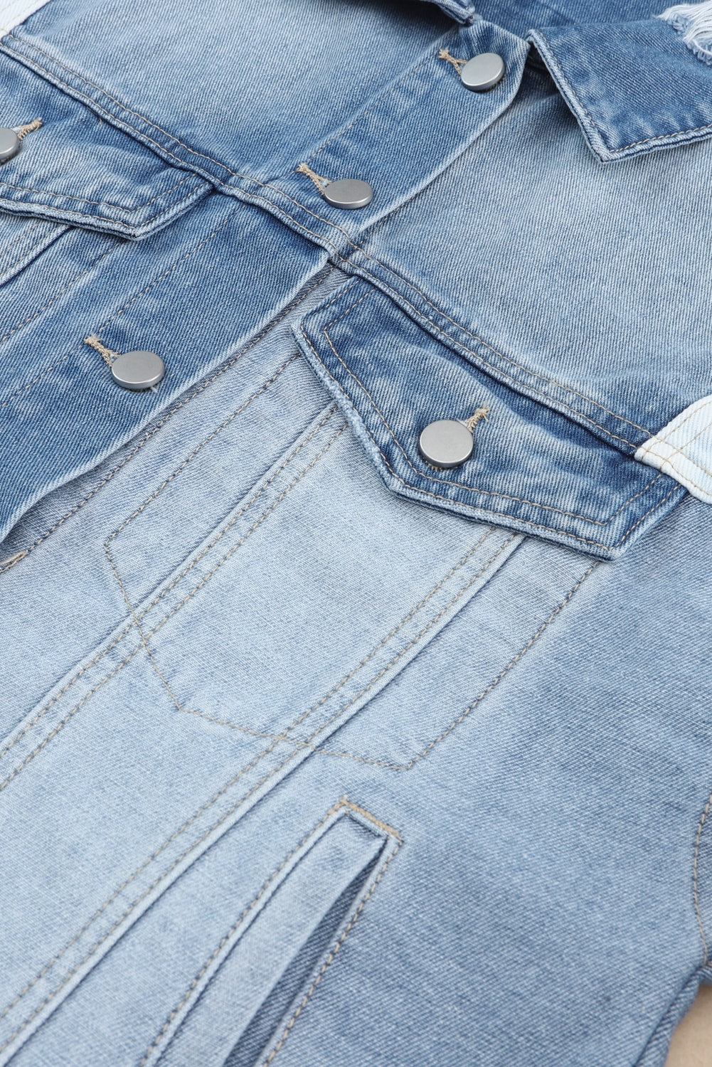 Sky Blue Color Block Denim Patchwork Frayed Hem Jacket Denim Jackets JT's Designer Fashion